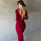 Robe à manches longues, col en V, slim, plissée, couleur unie